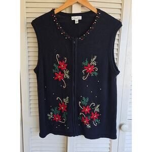 Christmas Women's Vest Dark Blue with Poinsettias Size Petite Large Kim Rogers